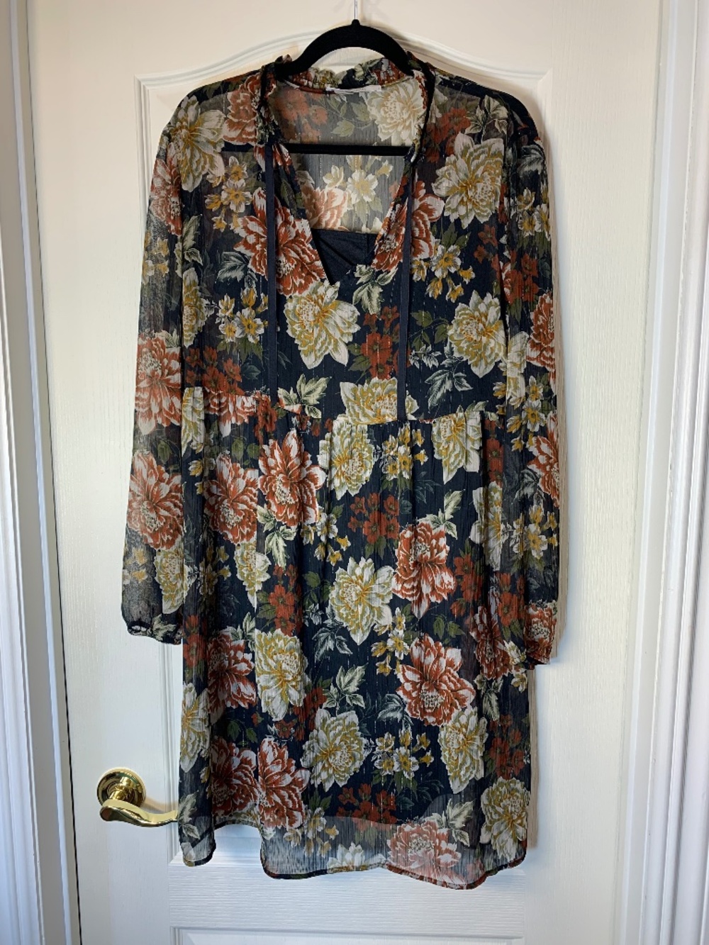 Promod French Boutique Floral Chiffon Dress Women 12 US 44 EU Black Lurex Lined